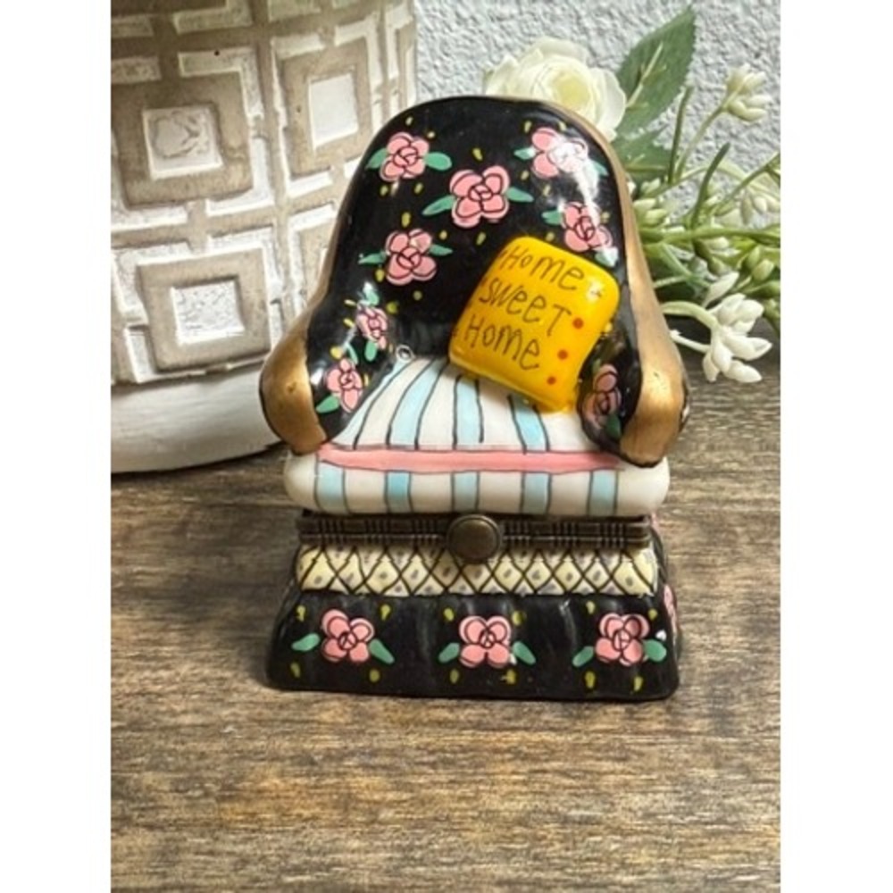 Vintage Floral Chair Home Sweet Home Pillow Hinged Trinket Jewelry Box - Cottage